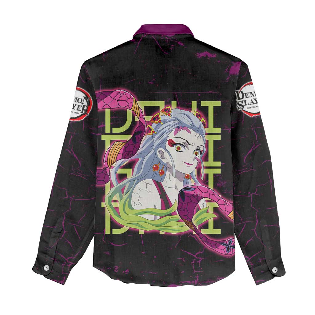 Daki Demon Slayer Theme Women Casual Shirt with Obi Sash Design and Neon Pink Green Graphic Elements - The Mazicc