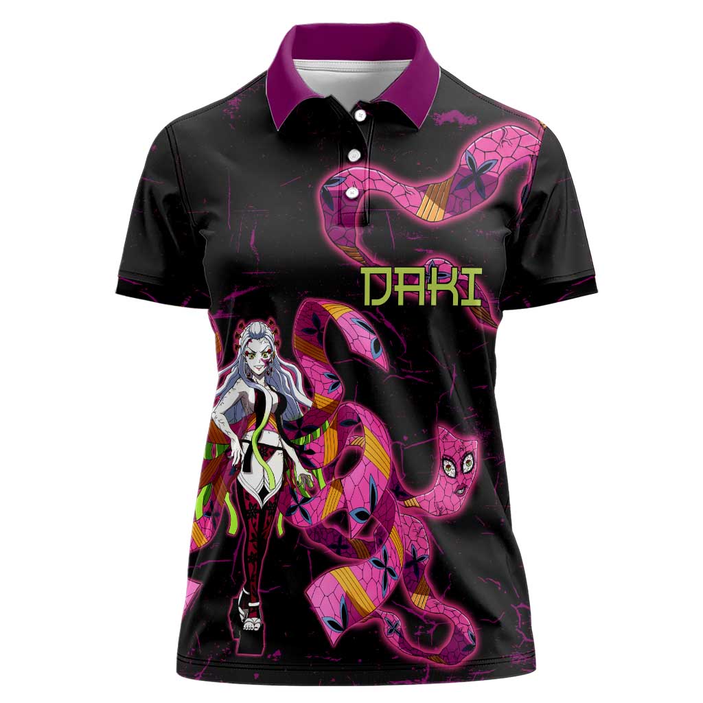Daki Demon Slayer Theme Women Polo Shirt with Obi Sash Design and Neon Pink Green Graphic Elements - The Mazicc