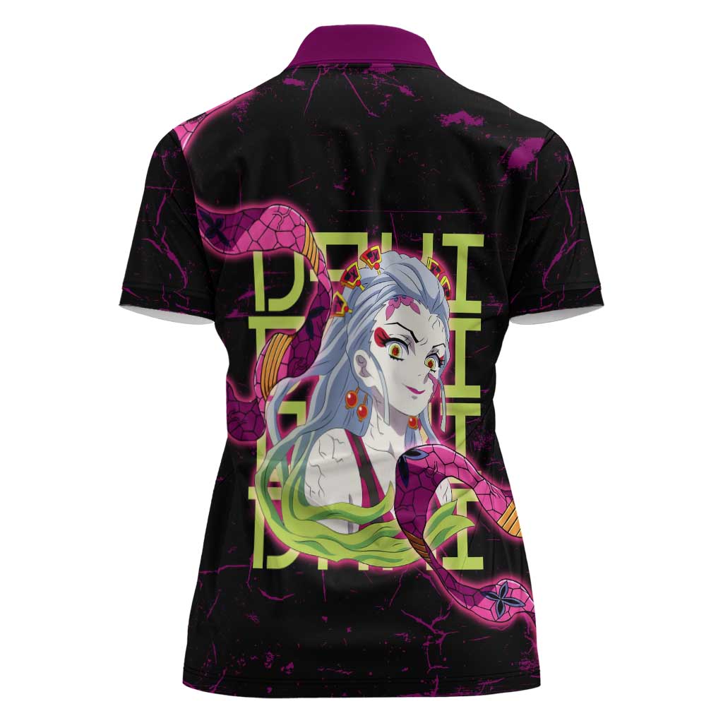 Daki Demon Slayer Theme Women Polo Shirt with Obi Sash Design and Neon Pink Green Graphic Elements - The Mazicc