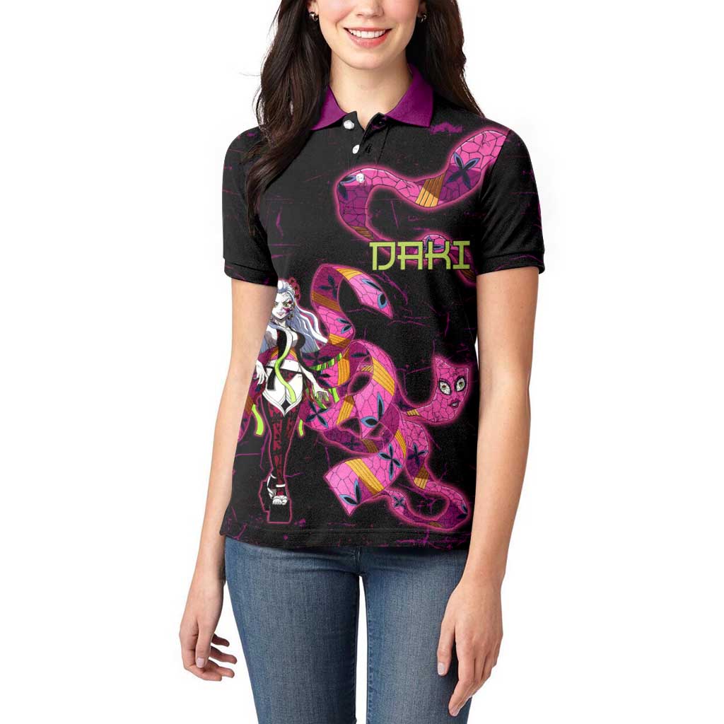 Daki Demon Slayer Theme Women Polo Shirt with Obi Sash Design and Neon Pink Green Graphic Elements - The Mazicc