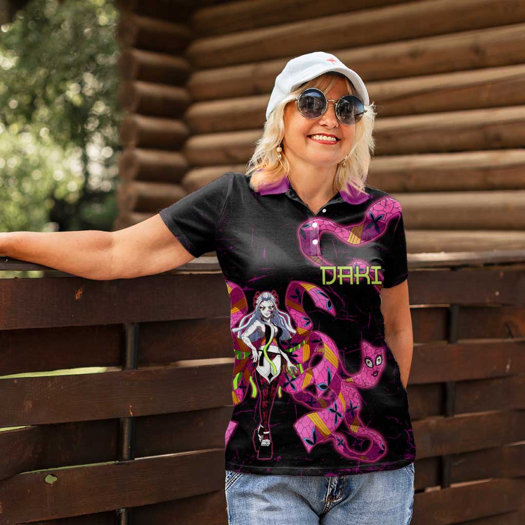 Daki Demon Slayer Theme Women Polo Shirt with Obi Sash Design and Neon Pink Green Graphic Elements - The Mazicc