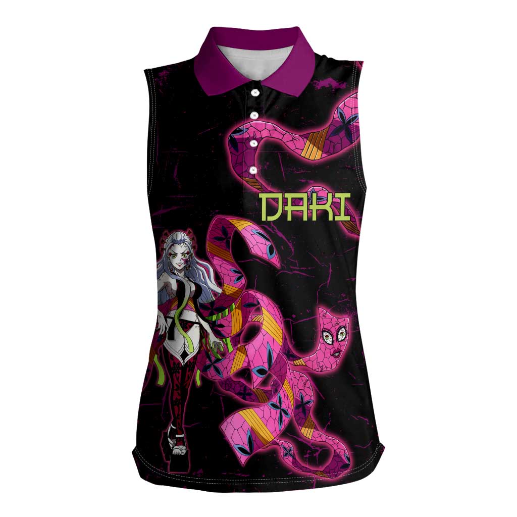 Daki Demon Slayer Theme Women Sleeveless Polo Shirt with Obi Sash Design and Neon Pink Green Graphic Elements - The Mazicc