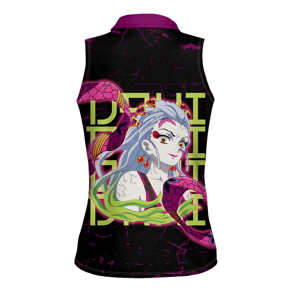 Daki Demon Slayer Theme Women Sleeveless Polo Shirt with Obi Sash Design and Neon Pink Green Graphic Elements - The Mazicc