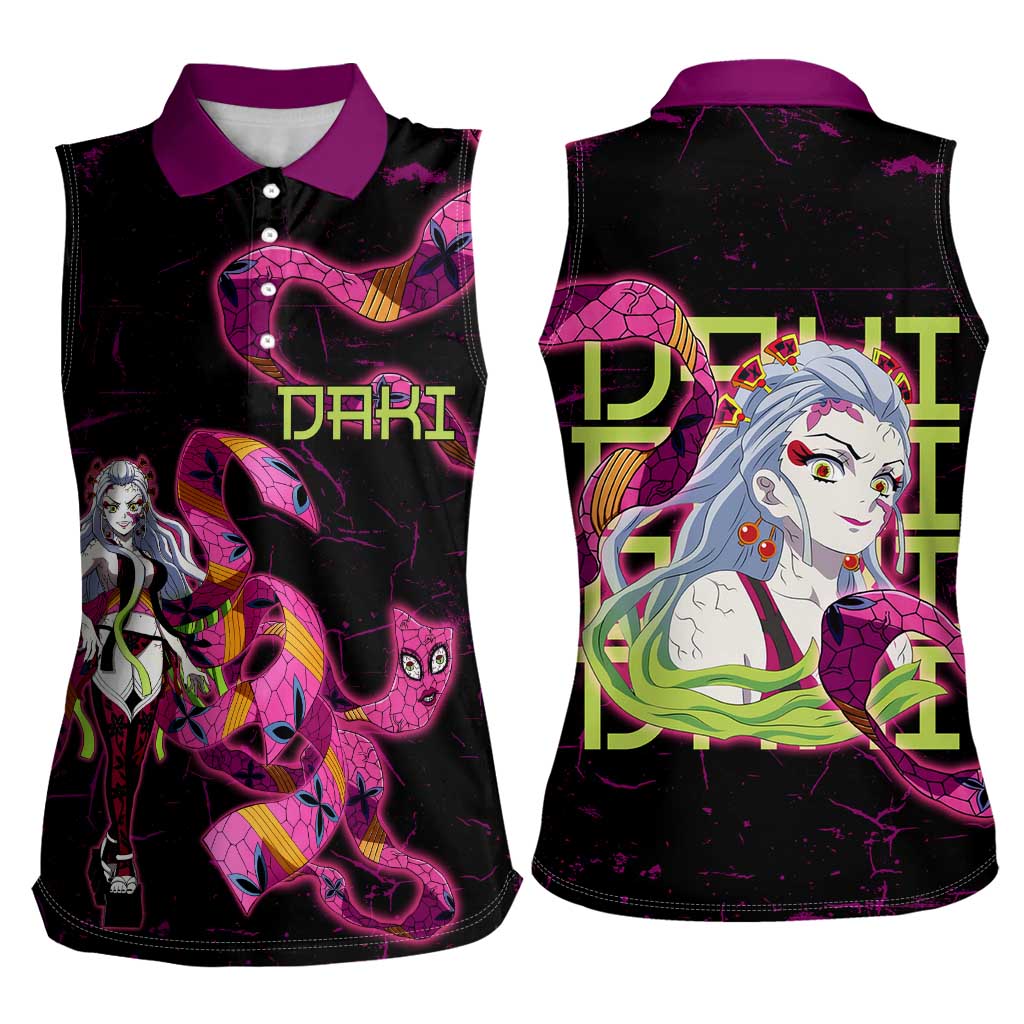 Daki Demon Slayer Theme Women Sleeveless Polo Shirt with Obi Sash Design and Neon Pink Green Graphic Elements - The Mazicc