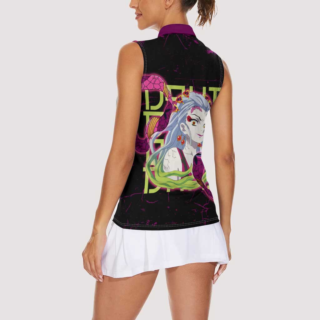 Daki Demon Slayer Theme Women Sleeveless Polo Shirt with Obi Sash Design and Neon Pink Green Graphic Elements - The Mazicc