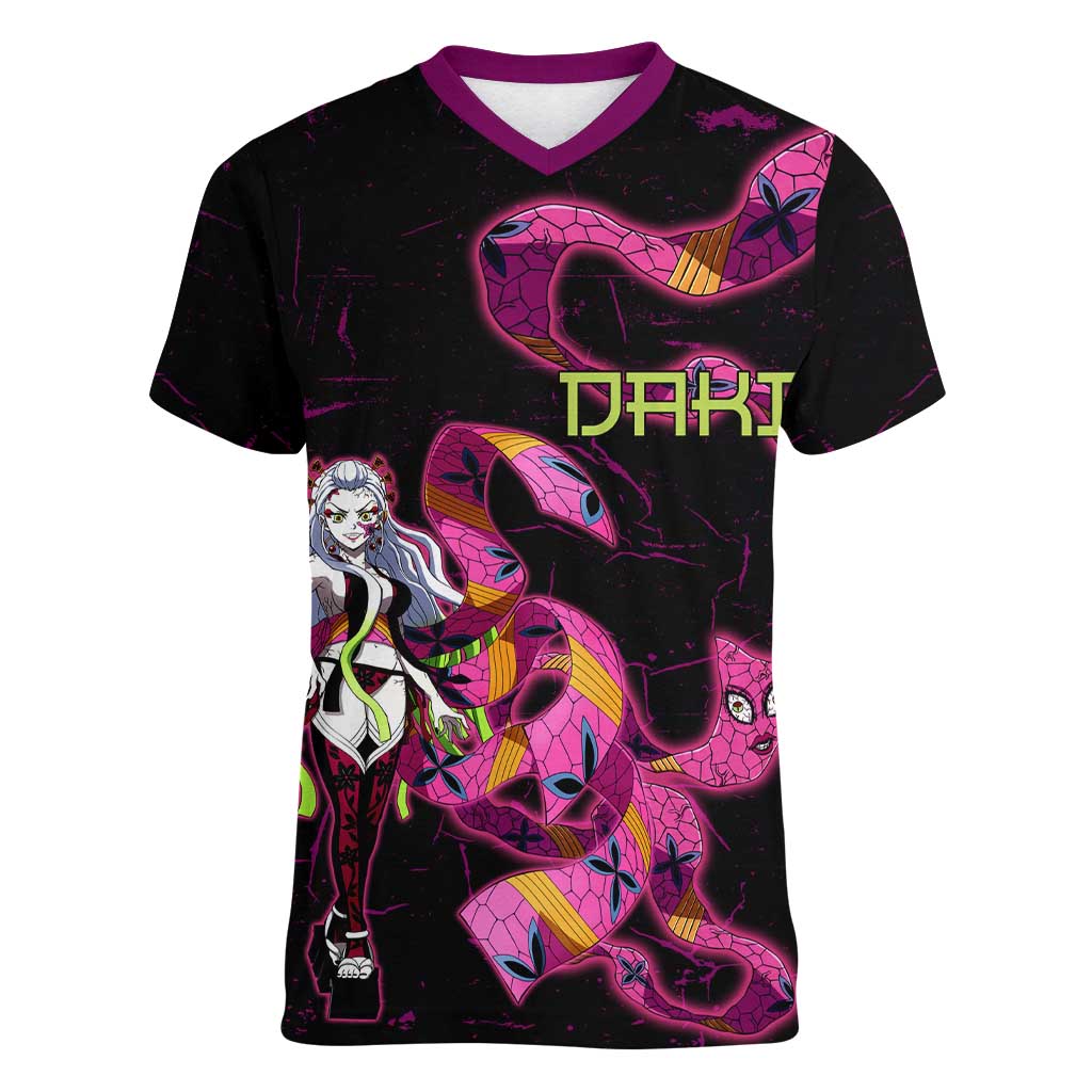 Daki Demon Slayer Theme Women V-Neck T-Shirt with Obi Sash Design and Neon Pink Green Graphic Elements - The Mazicc