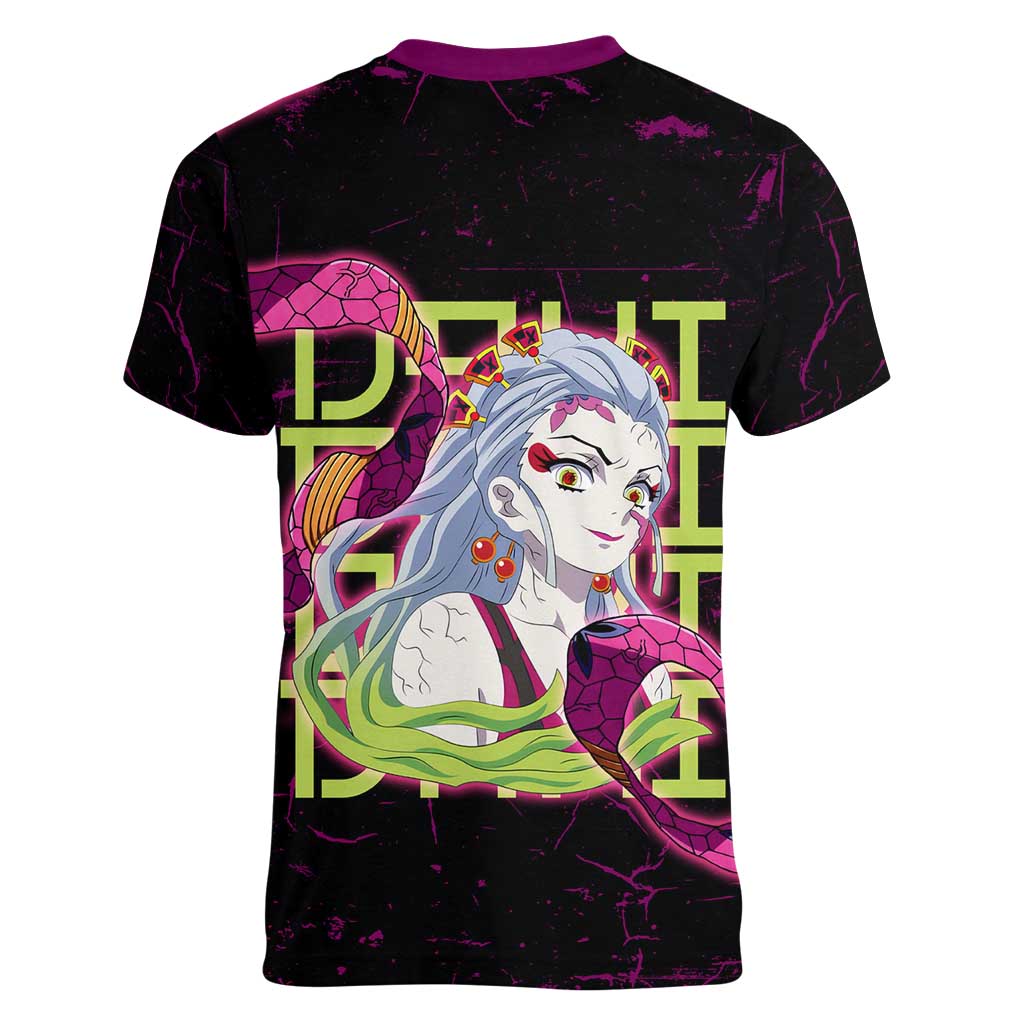 Daki Demon Slayer Theme Women V-Neck T-Shirt with Obi Sash Design and Neon Pink Green Graphic Elements - The Mazicc