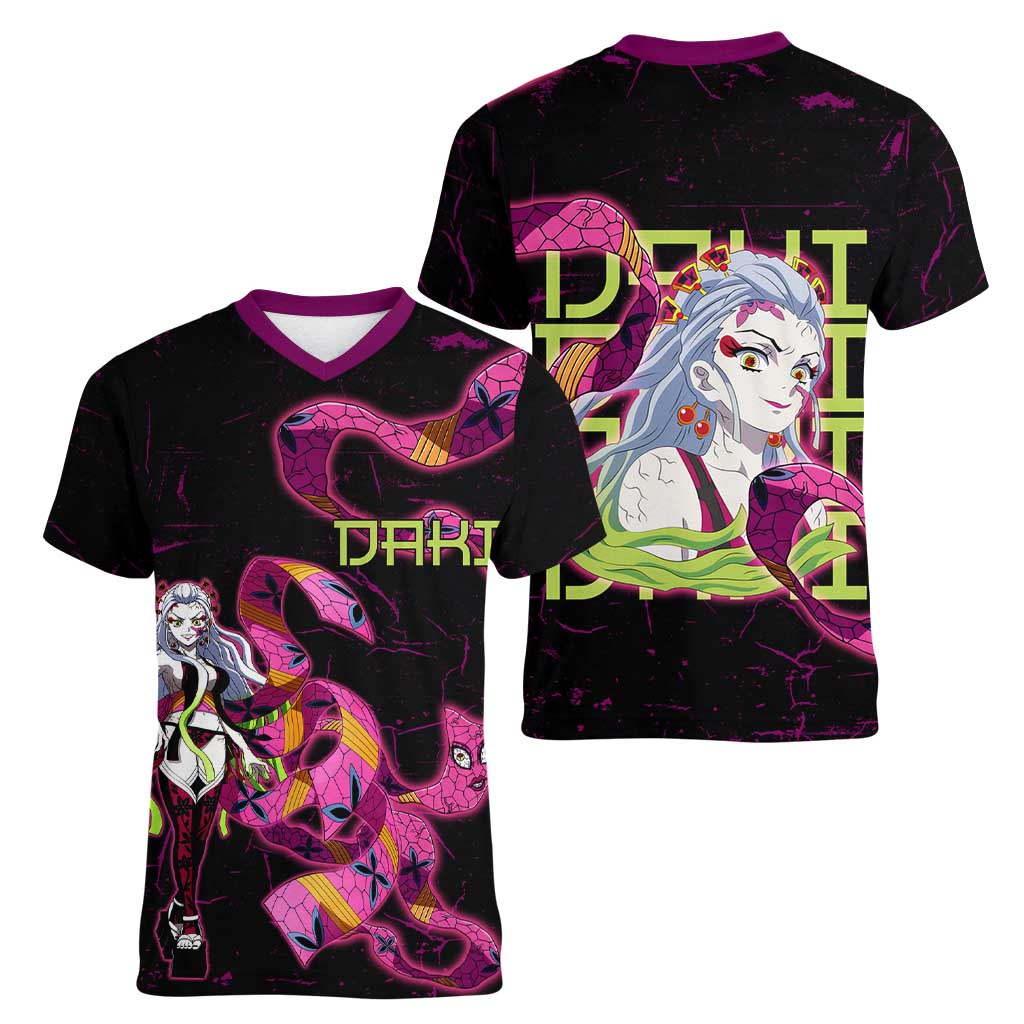 Daki Demon Slayer Theme Women V-Neck T-Shirt with Obi Sash Design and Neon Pink Green Graphic Elements - The Mazicc