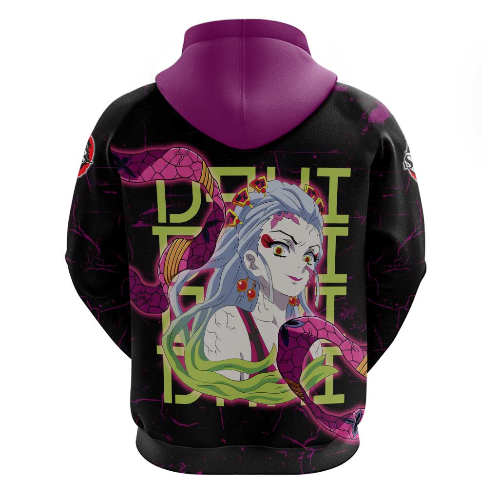 Daki Demon Slayer Theme Zip Hoodie with Obi Sash Design and Neon Pink Green Graphic Elements - The Mazicc