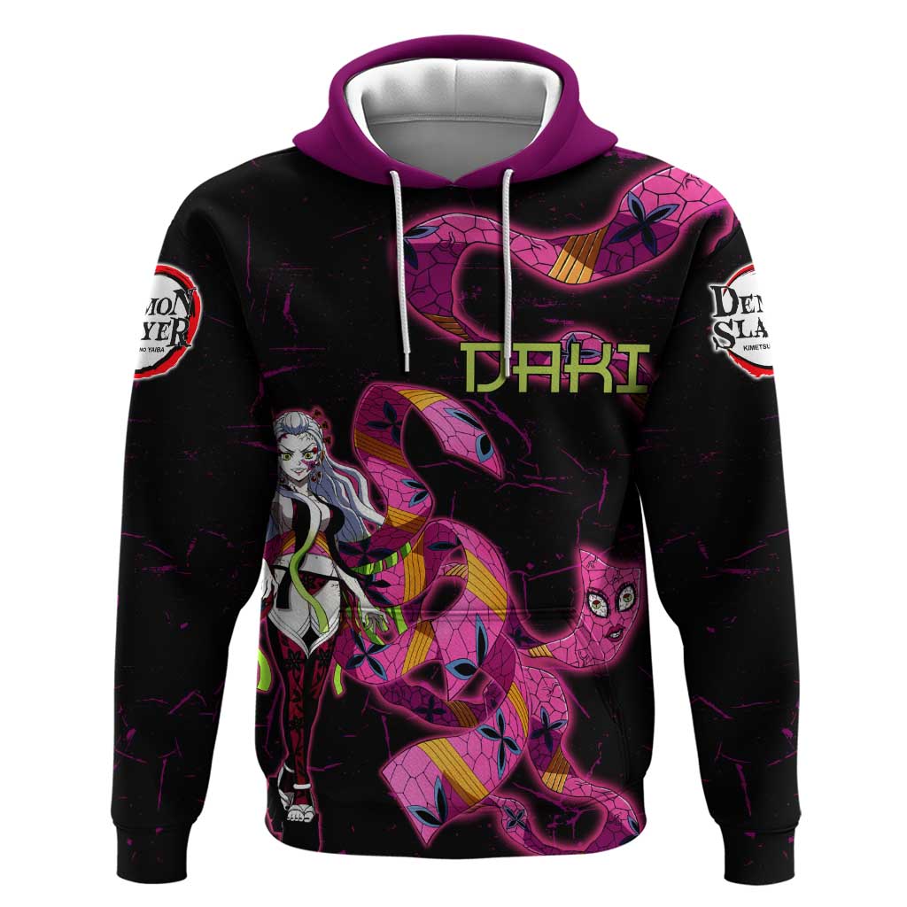 Daki Demon Slayer Theme Zip Hoodie with Obi Sash Design and Neon Pink Green Graphic Elements - The Mazicc