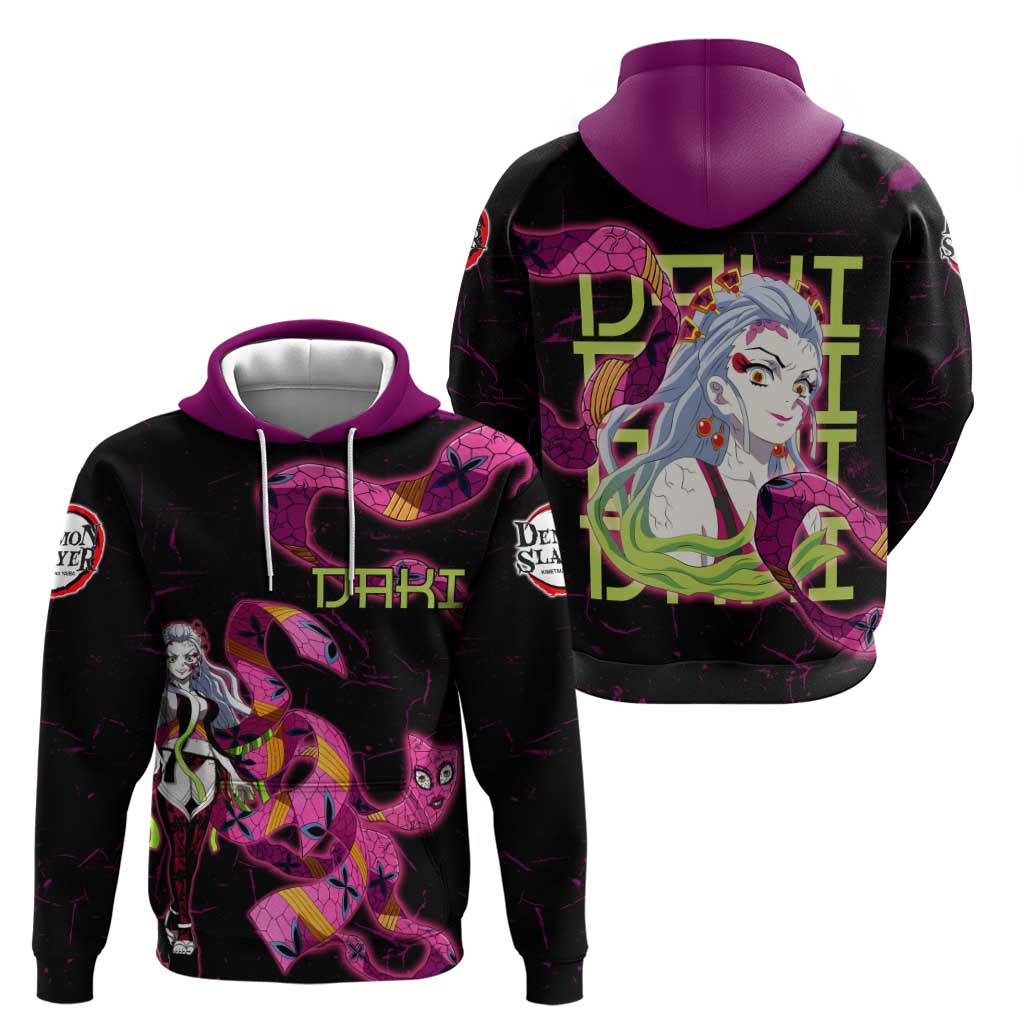 Daki Demon Slayer Theme Zip Hoodie with Obi Sash Design and Neon Pink Green Graphic Elements - The Mazicc