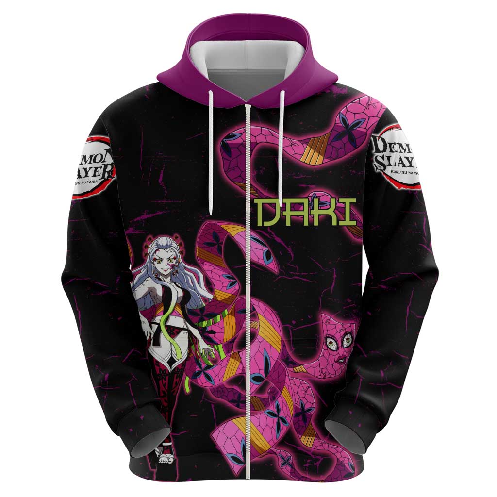 Daki Demon Slayer Theme Zip Hoodie with Obi Sash Design and Neon Pink Green Graphic Elements - The Mazicc