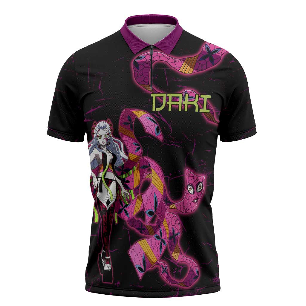 Daki Demon Slayer Theme Zipper Polo Shirt with Obi Sash Design and Neon Pink Green Graphic Elements - The Mazicc