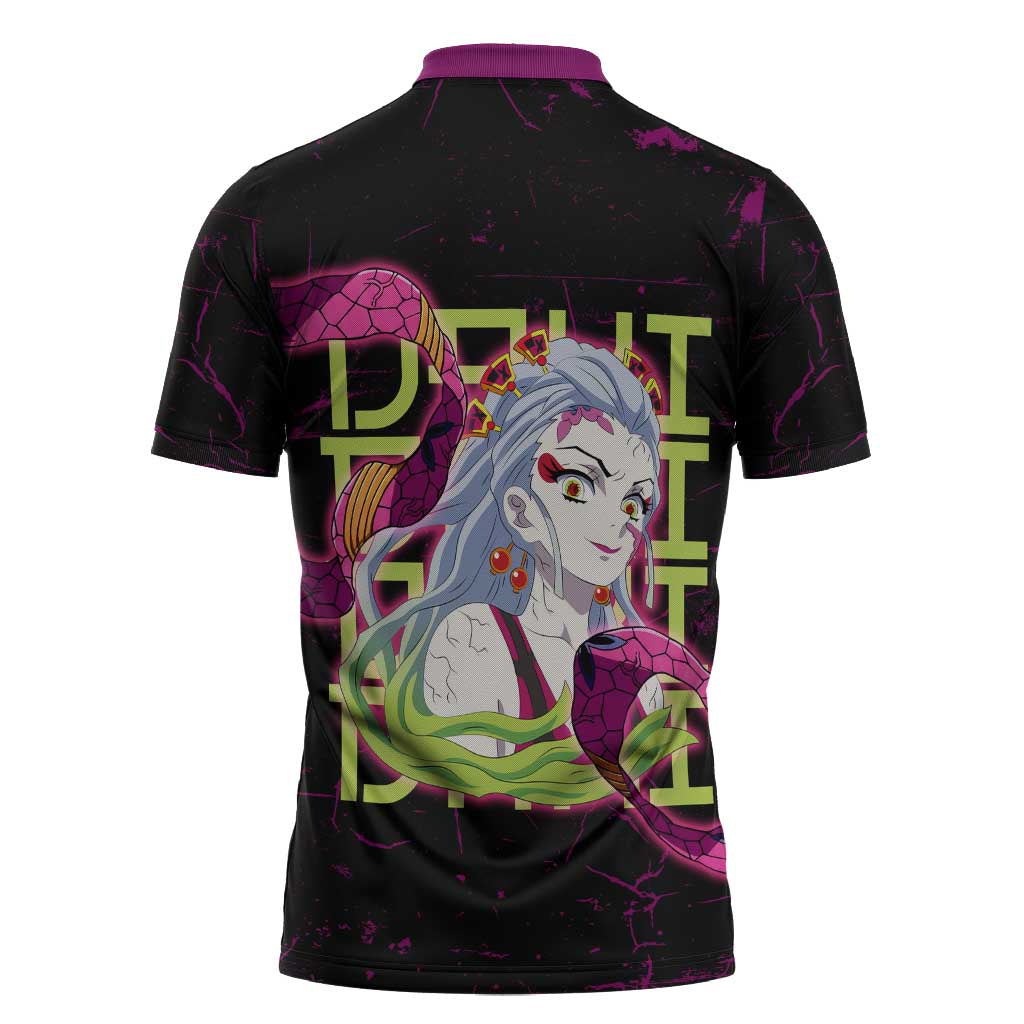 Daki Demon Slayer Theme Zipper Polo Shirt with Obi Sash Design and Neon Pink Green Graphic Elements - The Mazicc