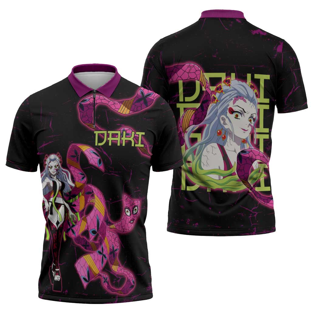Daki Demon Slayer Theme Zipper Polo Shirt with Obi Sash Design and Neon Pink Green Graphic Elements - The Mazicc