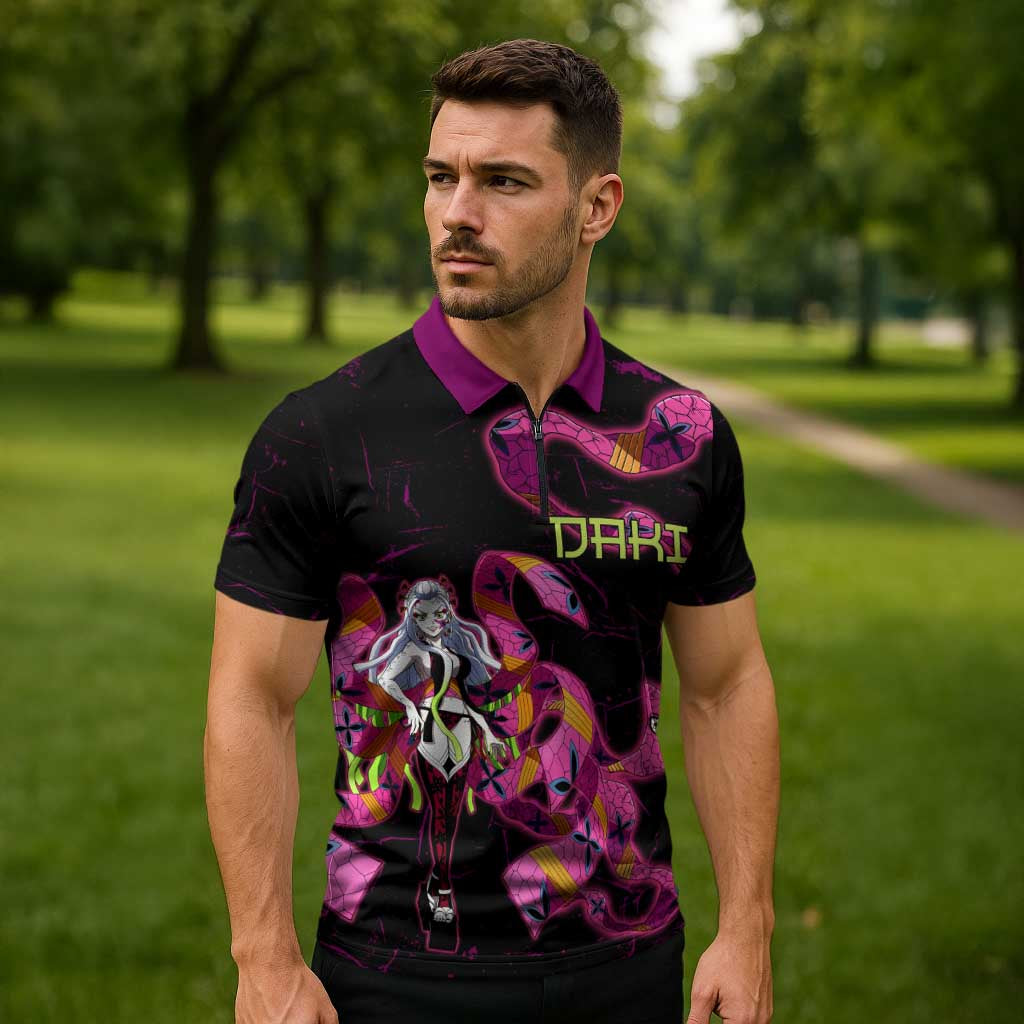 Daki Demon Slayer Theme Zipper Polo Shirt with Obi Sash Design and Neon Pink Green Graphic Elements - The Mazicc