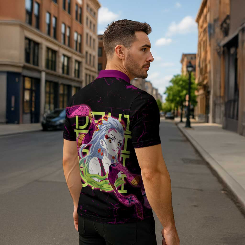 Daki Demon Slayer Theme Zipper Polo Shirt with Obi Sash Design and Neon Pink Green Graphic Elements - The Mazicc