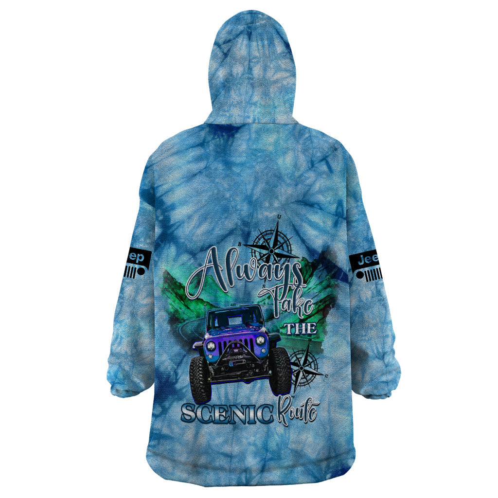 blue-jeep-tie-dye-wearable-blanket-hoodie-always-take-the-scenic-route