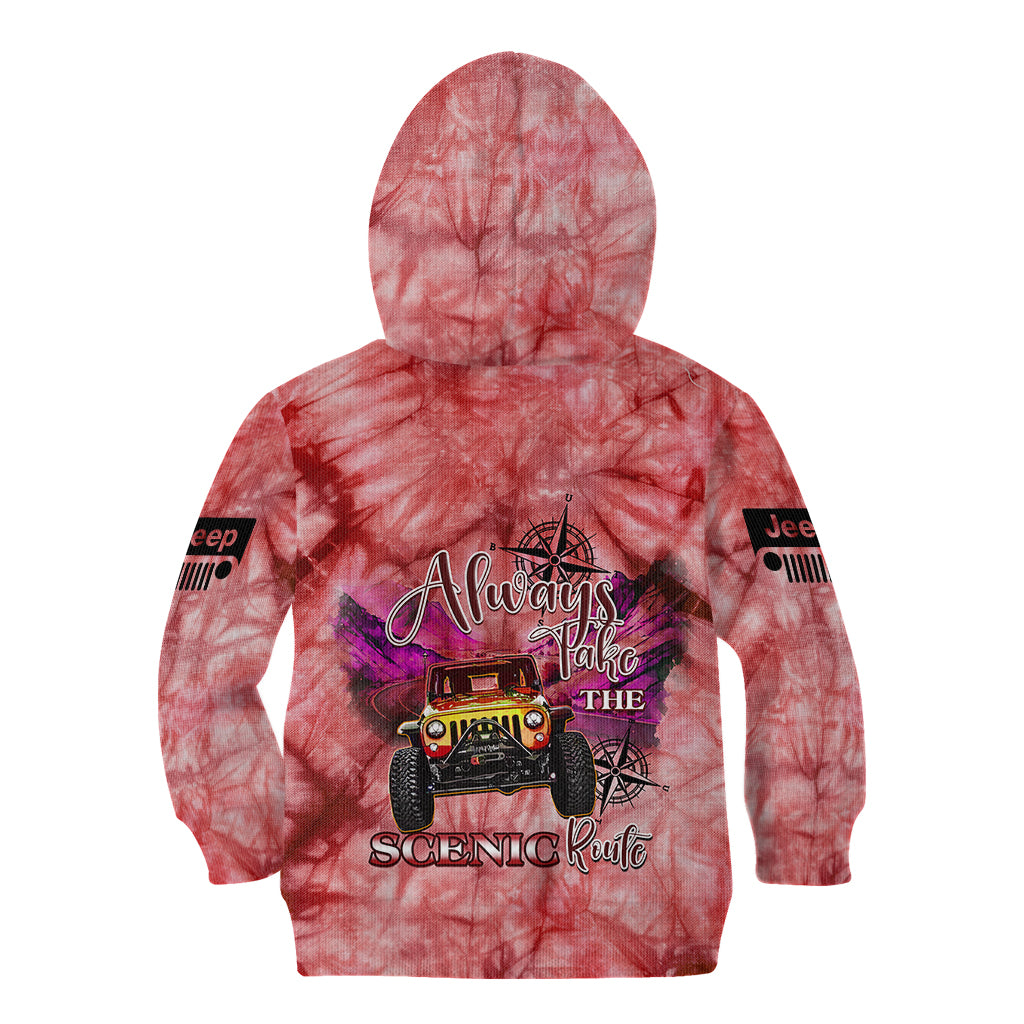 red-jeep-tie-dye-kid-hoodie-always-take-the-scenic-route