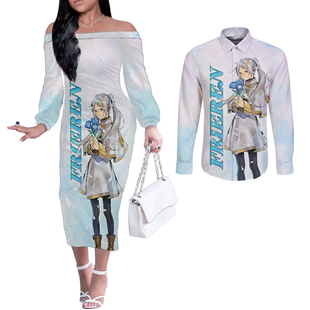 Frieren Anime Couples Matching Off The Shoulder Long Sleeve Dress and Long Sleeve Button Shirt Flowers Field