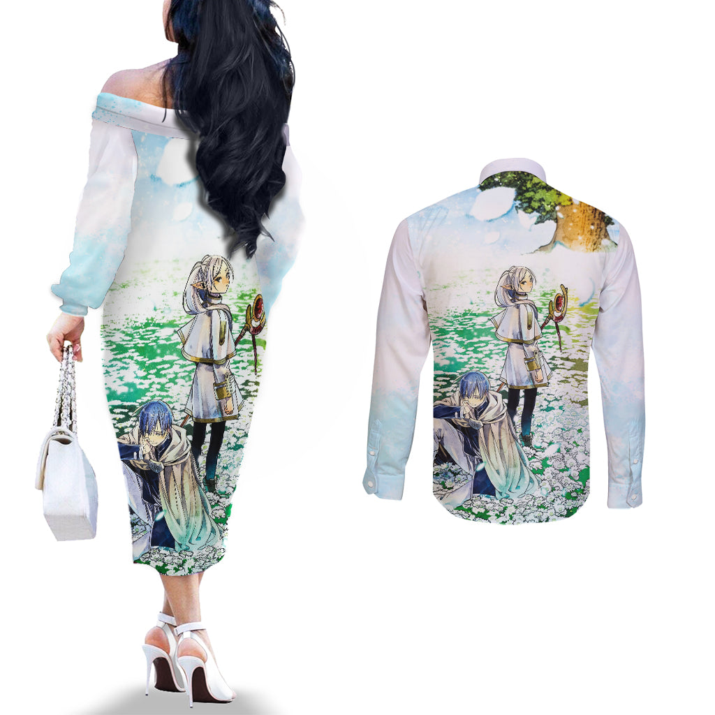 Frieren Anime Couples Matching Off The Shoulder Long Sleeve Dress and Long Sleeve Button Shirt Flowers Field