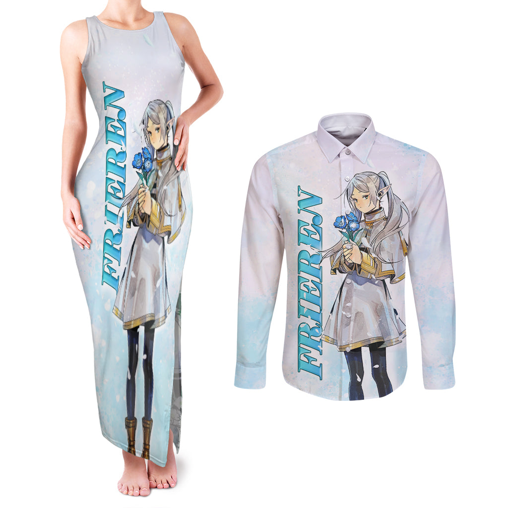Frieren Anime Couples Matching Tank Maxi Dress and Long Sleeve Button Shirt Flowers Field