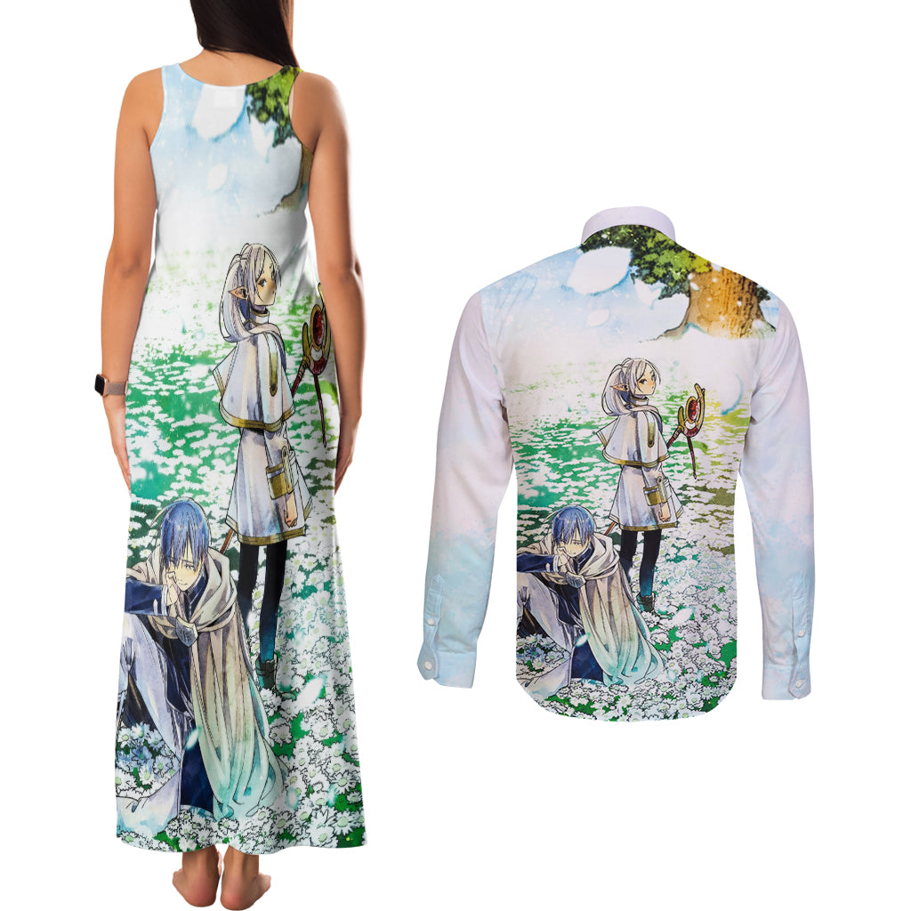 Frieren Anime Couples Matching Tank Maxi Dress and Long Sleeve Button Shirt Flowers Field