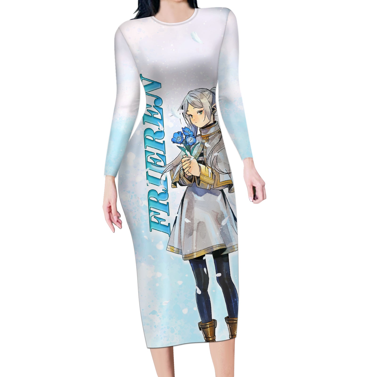 Frieren Anime Long Sleeve Bodycon Dress Flowers Field