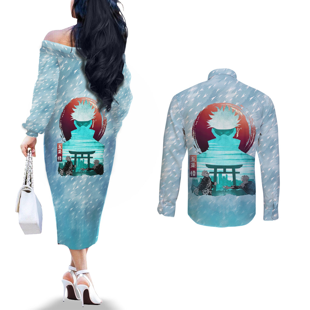 Jujutsu Kaisen Gojo Satoru Couples Matching Off The Shoulder Long Sleeve Dress and Long Sleeve Button Shirt Traditional Aesthetics