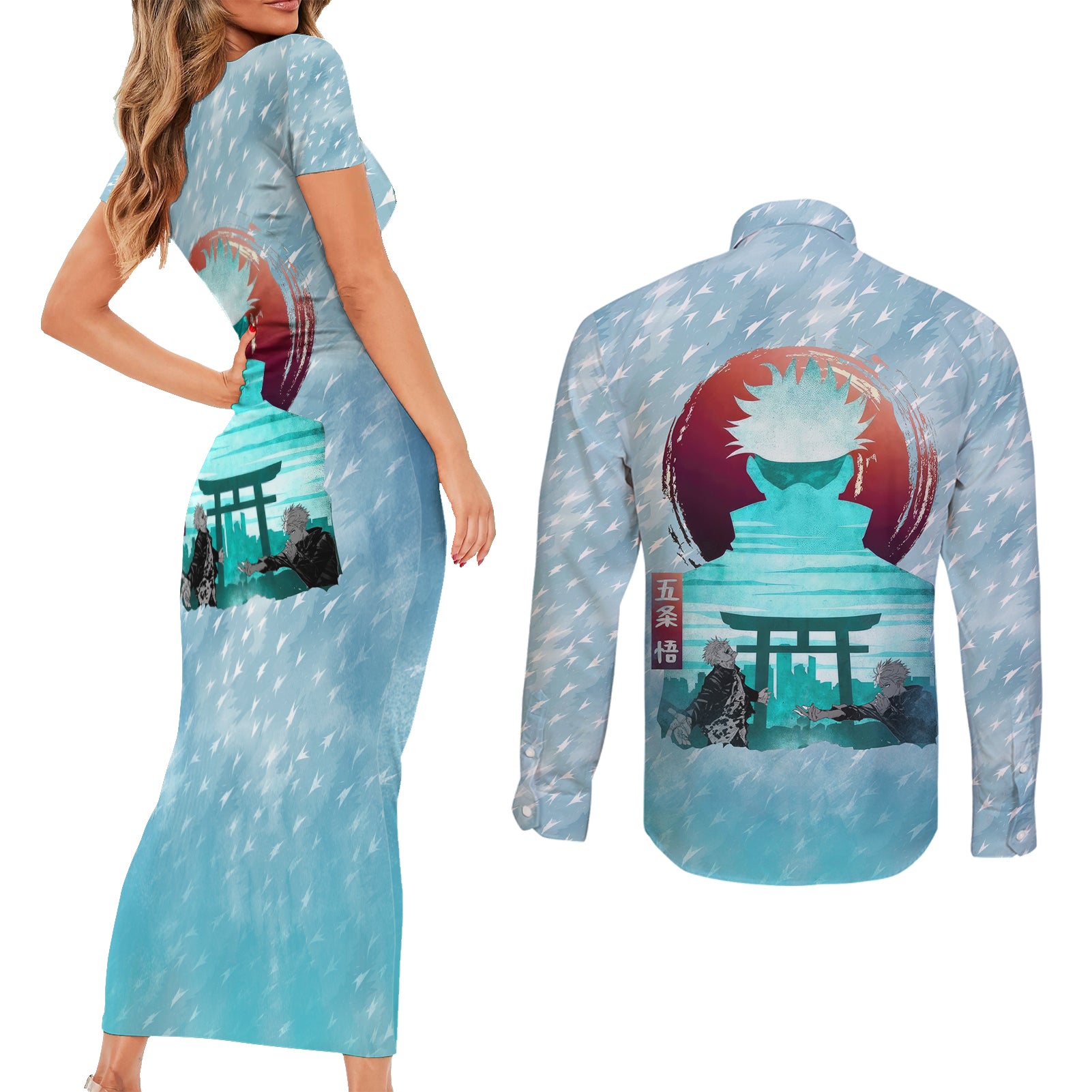 Jujutsu Kaisen Gojo Satoru Couples Matching Short Sleeve Bodycon Dress and Long Sleeve Button Shirt Traditional Aesthetics